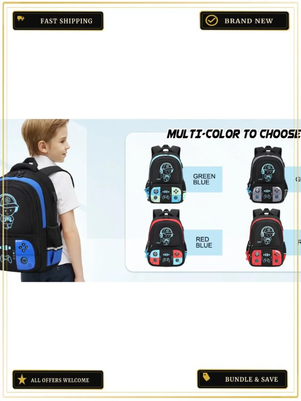 Luminous Gamer Backpack Set with Lunch Box & Pencil Case for Boys